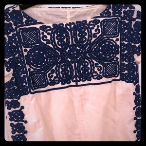 White Madewell dress with blue pattern